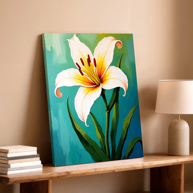 «White Lily Flower Botanical Floral», reproduction d'art sur toile bleue, 20 x 20 in