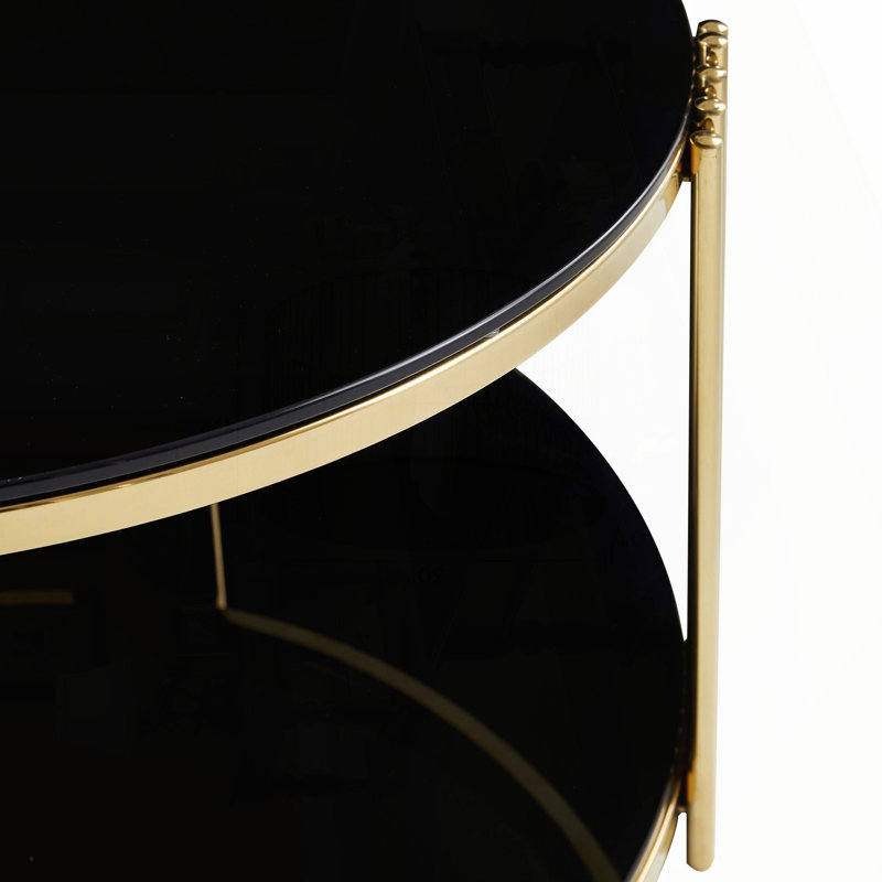 Table basse ronde avec plateau en verre trempé noir et structure en acier inoxydable doré