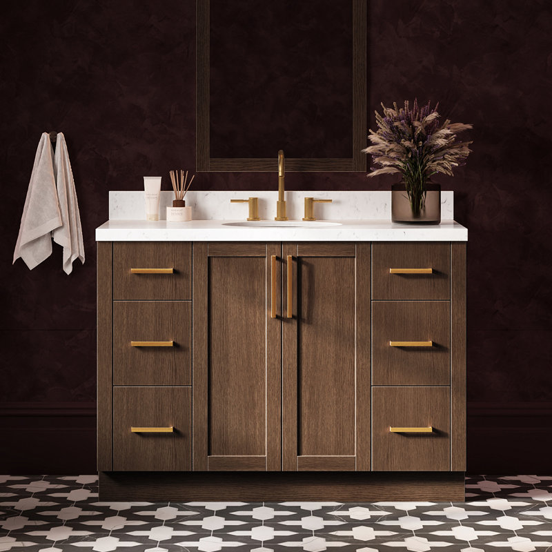 Meuble-lavabo ovale simple de 122 cm (48 po) avec comptoir en quartz blanc de Carrare et revêtement en chêne brun de 3,8 cm (1,5 po).