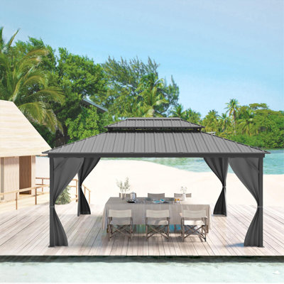 Pavillon de jardin 12 pi x 16 pi avec cadre en aluminium renforcé, double toit en métal, filet et rideaux, pergola extérieure pour patio, terrasse, cour, jardin et jardin