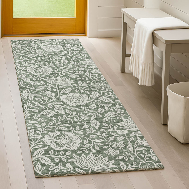 Machine Washable Indoor/Outdoor Chantille ACN2572 Floral Rug, 2'3" x 7'6" Runner, Basil