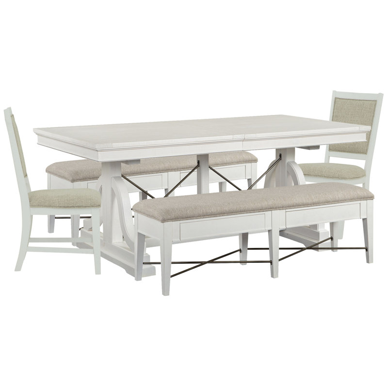 Extendable Trestle Dining Table With 2 Upholstered Benches And 2 Upholstered Side Chairs, 5 Pieces: Table, 2 Benchs, 2 Chairs