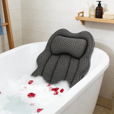 Bath Pillow For Tub With 4D Air Mesh Fabric & Ergonomic Support For Head Neck Back – Quick-Drying & Machine Washable Gray Spa Cushion With Strong Suction Cups