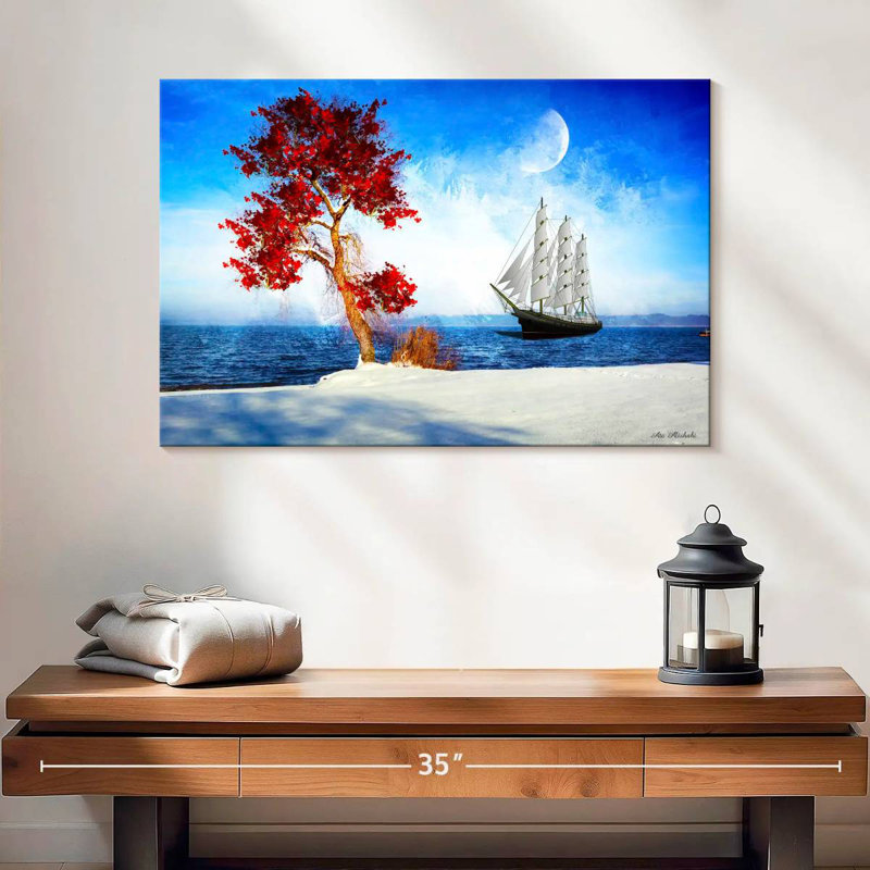 Arbre rouge Mehar et bateau, H 16 po x l 24 po