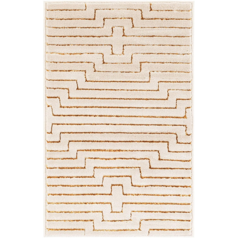 Tapis de couloir contemporain blanc et doré Omotayo, Rectangle 2 pi x 3 pi 1 po