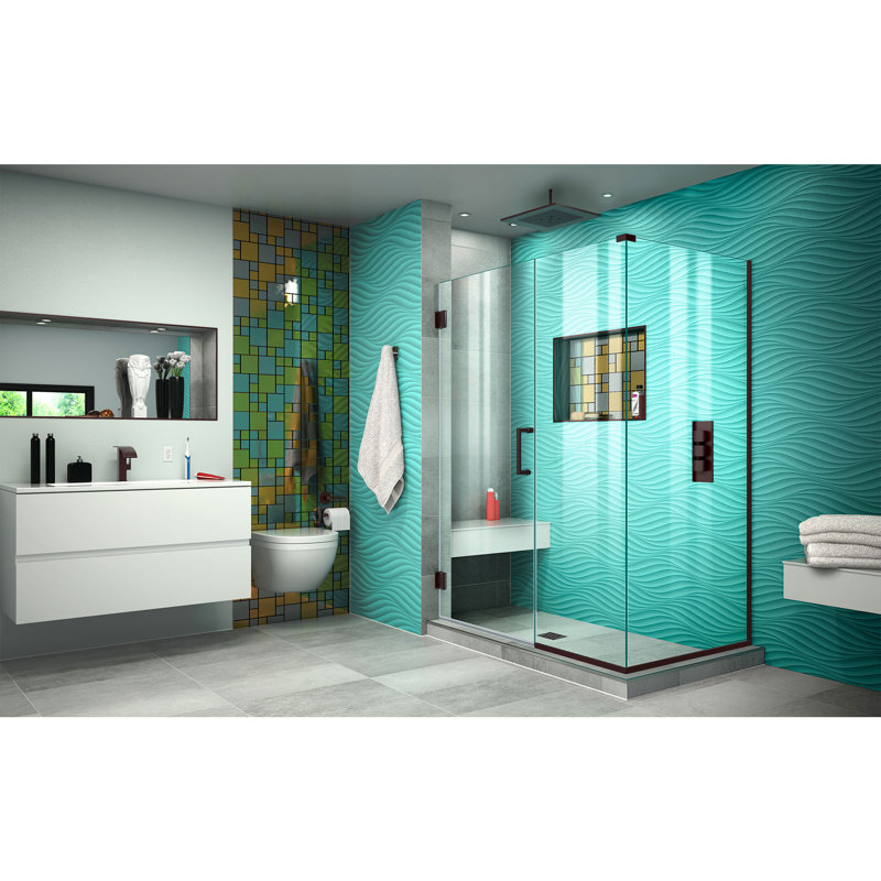 Unidoor Plus 48" W x 34.375" D x 72" H Frameless Pivot Rectangle Shower Enclosure with Fixed Panel, Oil Rubbed Bronze