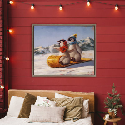 Toboggan Sleigh Ride Penguins Floating Frame, design by Lucia Heffernan