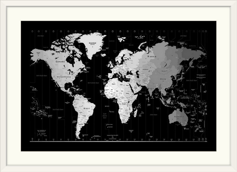 «Francy World Timezone Map» par Bellen, impression, H 28 po x l 38 po x P 1 po, Cadre blanc