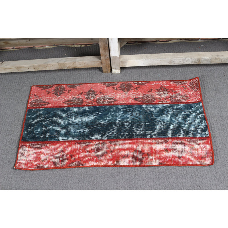 Small Vintage Turkish Oushak Rug in Patchwork Style with Red Overdyed Abstract Design for Entry Aesthetic