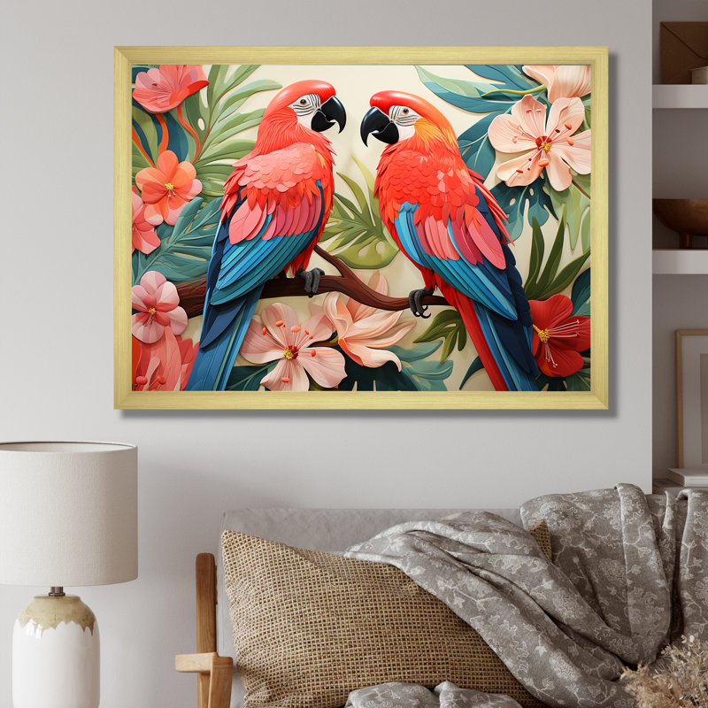 Fleurs tropicales roses et bleues - art mural perroquet, Cadre doré à coins fermés, H 30 po x l 40 po x P 1,5 po