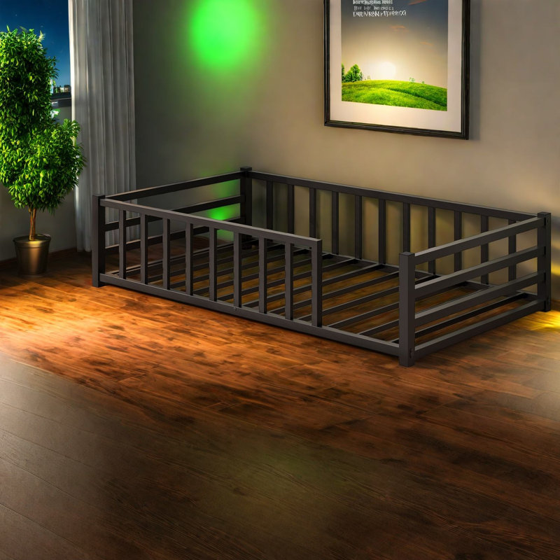 Lits simples Safe, structure de plancher en métal noir, chambre d'enfant moderne à profil bas