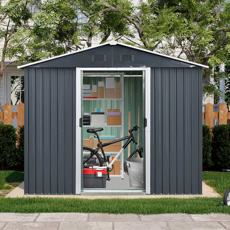 8Ft X 4Ft Outdoor Metal Storage Shed With Sliding Door And Foundation For Backyard, Patio, Lawn, Black White
