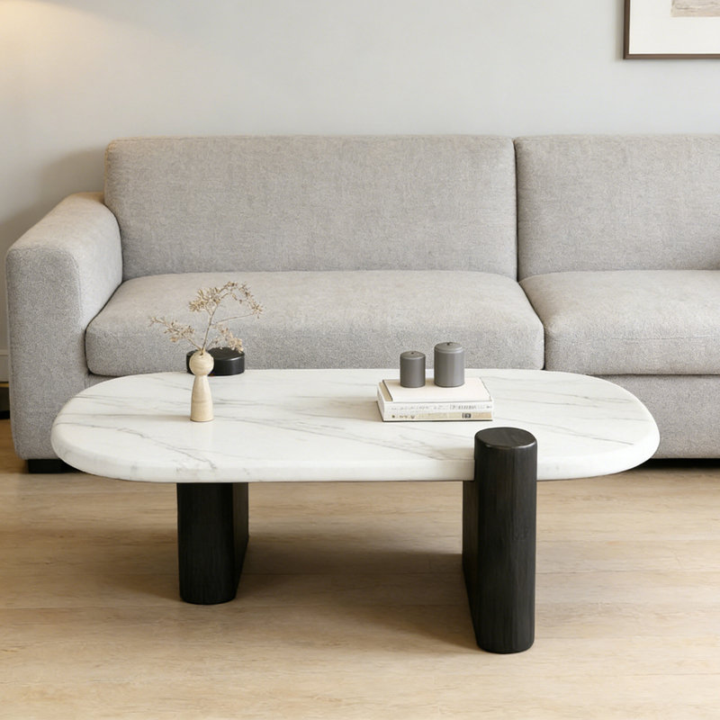 Luxury Minimalist Marble Coffee Table, White/Grey, 15.7" H x 51.2" L x 27.2" W