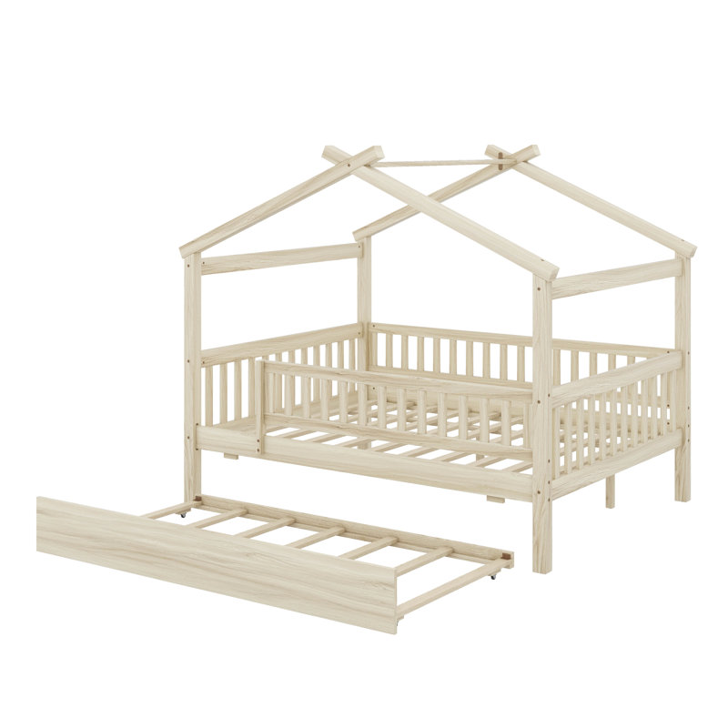 Full size wooden house bed with trundle, Naturel