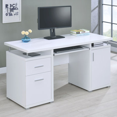 Rochelle White Computer Desk with 2 Drawers and Cabinet, Perfect for Ergonomic Comfort and Organized Workspaces.
