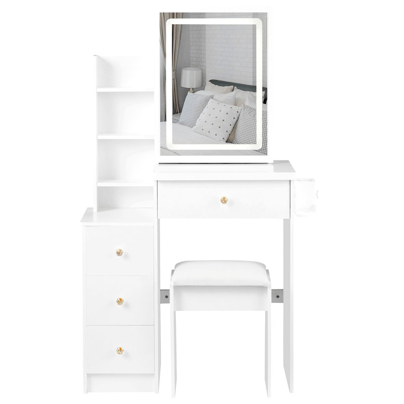 Small Size Left Drawer Desktop Vanity Table + Cushioned Stool, 2 AC+2 USB Power Station, Hair Dryer Bracket, Extra Large Touch Control Sliding LED Mirror, Tri-Color Switching, EPA,GCC,UL Certificate
