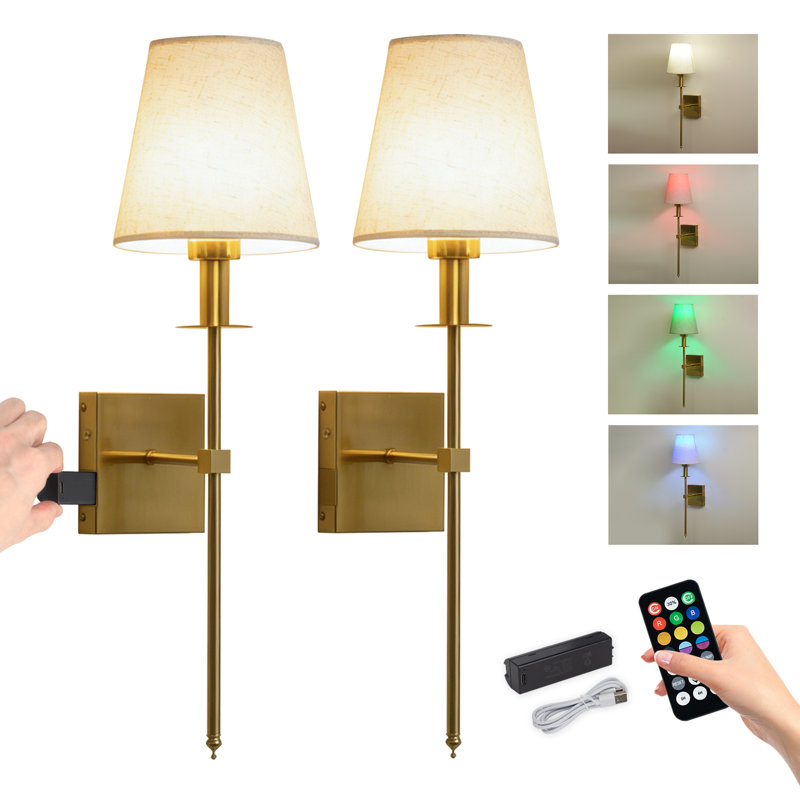 Modern Removable Battery Operated Wireless Fabric Shade Wall Sconce With Remote Control