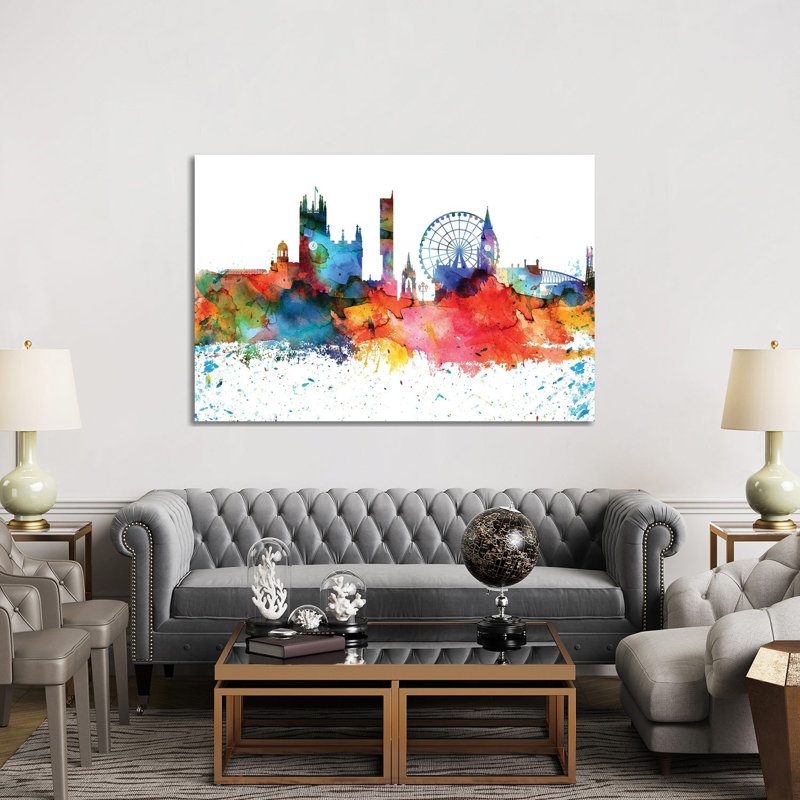 Manchester Colourful Watercolour Skyline by WallDecorAddict - Wrapped Canvas Painting, 152.5 cm H x 101.5 cm W