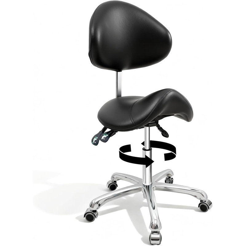 Tabouret ergonomique à roulettes avec dossier, réglable, supportant jusqu'à 180 kg, roulettes silencieuses pivotant à 360° et revêtement en cuir imperméable, idéal pour salons de coiffure, spas, studios de tatouage et bureaux à domicile.