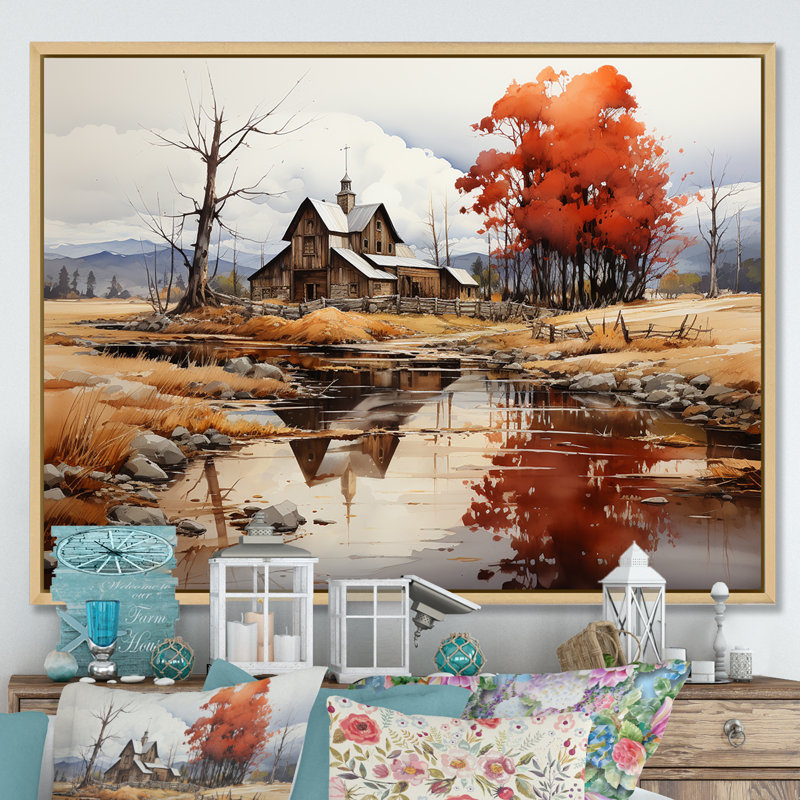 Paysage paisible de basse-cour II, Cadre naturel flottant, H 24 po x l 32 po x P 1 po