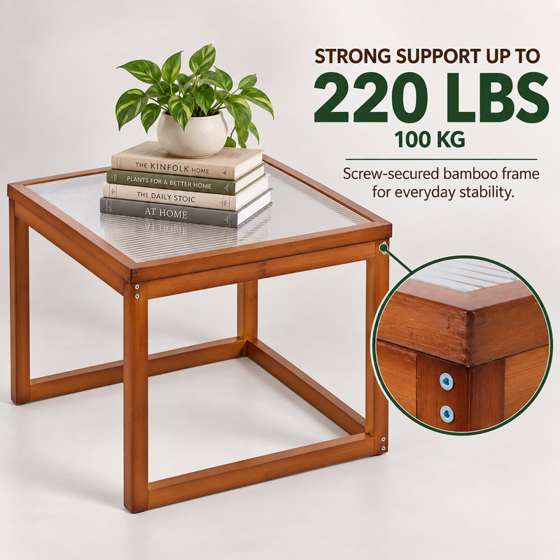 Table basse carrée moderne en bambou avec plateau en verre cannelé, table d'appoint de 61 cm (24 pouces) à base ouverte pour petits espaces, brun naturel