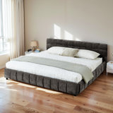 Modern Minimalist Upholstered Platform Bed Frame With Chenille Upholstered Headboard, Memory Foam Support & Built-In Storage