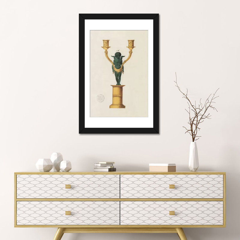 « chérubin candélabre », reproduction sur toile, H 26 po x l 18 po x P 1,5 po, Toile avec cadre noir, Blanc