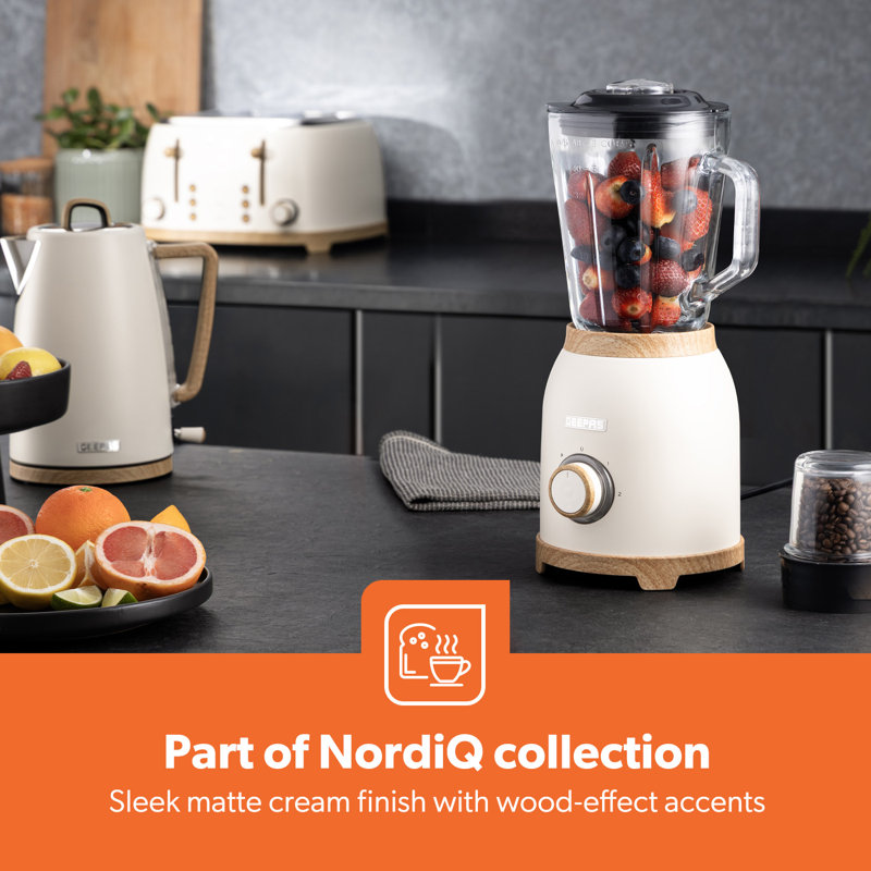GEEPAS NordiQ 2-in-1 Food Jug Blender | Smoothie Maker with 1.5L Glass Juice Jar & Mini Coffee Spice Grinder Mill | 6 Stainless Steel Ice Crusher Blades | 2 Speeds, Pulse Safe Lock | 800W