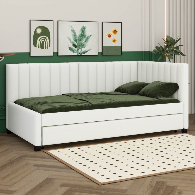 Twin Size Upholstered Daybed With Trundle, Linen Fabric Sofa Bed Frame, No Box Spring Needed, Beige