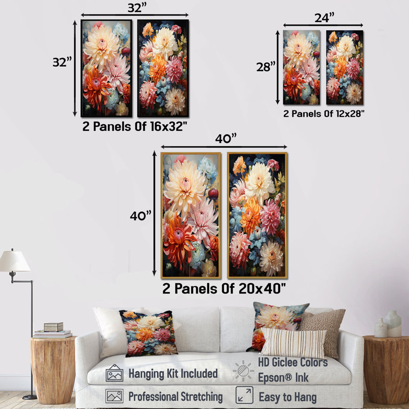 «Mums Organic Flow Curved Stems» - ensemble d'art mural sur toile Mums, H 28 po x l 25 po, Toile tendue