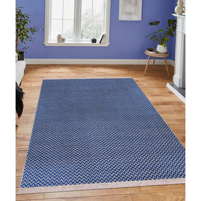 Tapis rectangulaire bleu marine en jute / chenille tissé à la machine