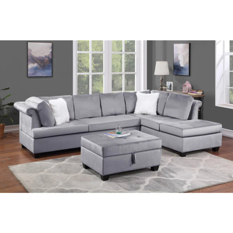 Canapé et méridienne modulaires faisant face à la droite avec repose-pieds Exauce, Velours gris