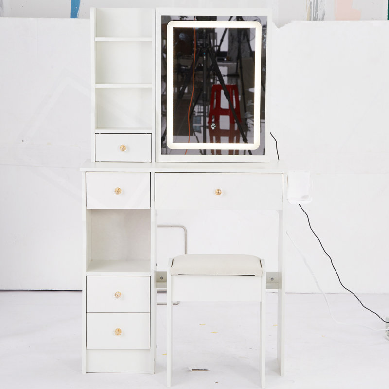 Vanity Desk, 29.2" Small Size Left Drawer Desktop Vanity Table , Cushioned Stool, 2 AC, 2 USB Power Station, Hair Dryer Bracket, Extra Large Touch Control Sliding LED Mirror, Tri-Color Switching, Brightness Adjust