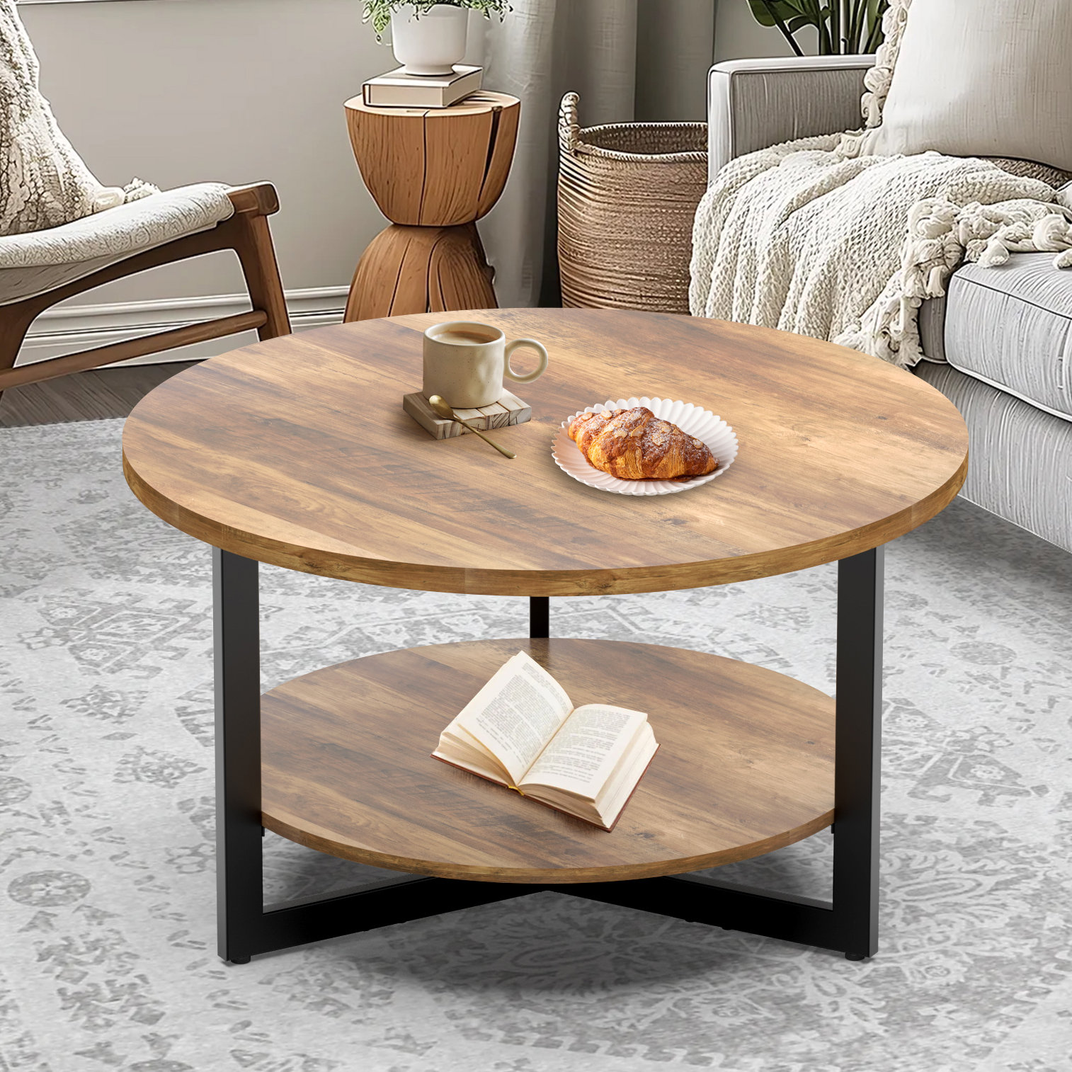 Ebern Designs Caeron Round Coffee Table with 2Tier Storage & Reviews