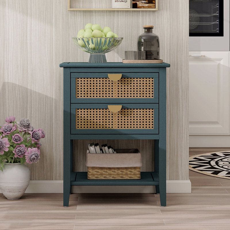 Table d'appoint 2 tiroirs, rotin naturel, table de bout, Vert