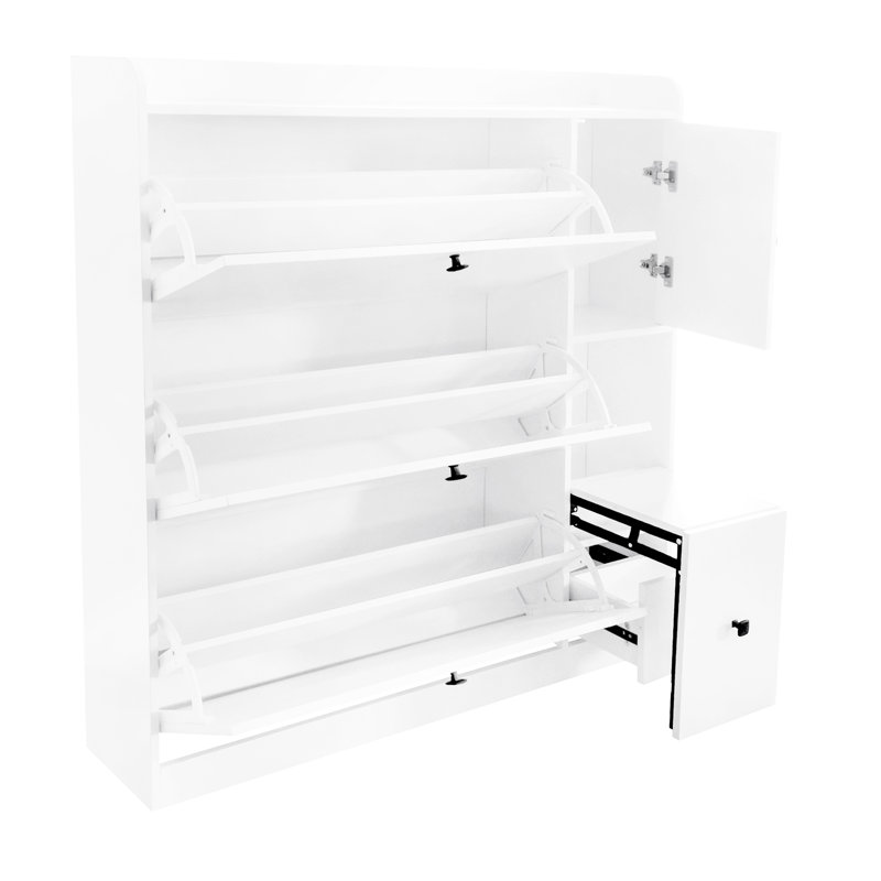 Armoire à chaussures blanche polyvalente avec 3 tiroirs rabattables et siège à langer escamotable pour optimiser l'espace