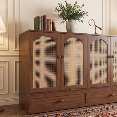 Space Saving Queen Size Wall Murphy Bed, Solid Pine Cabinet Bed with Power Outlet Station and Rattan Decorative Panels