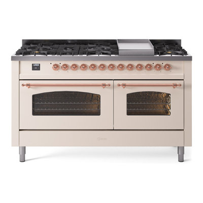 Cuisinière à double combustible ILVE Nostalgie II Series 60 po avec 9 brûleurs scellés, plaque de cuisson (propane liquide, porte vitrée)