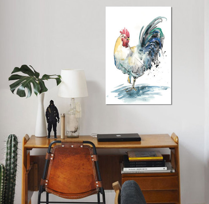 « coq splash i », reproduction de peinture à l’aquarelle sur toile tendue, H 26 po x l 18 po x P 1,5 po, Pas de tapis