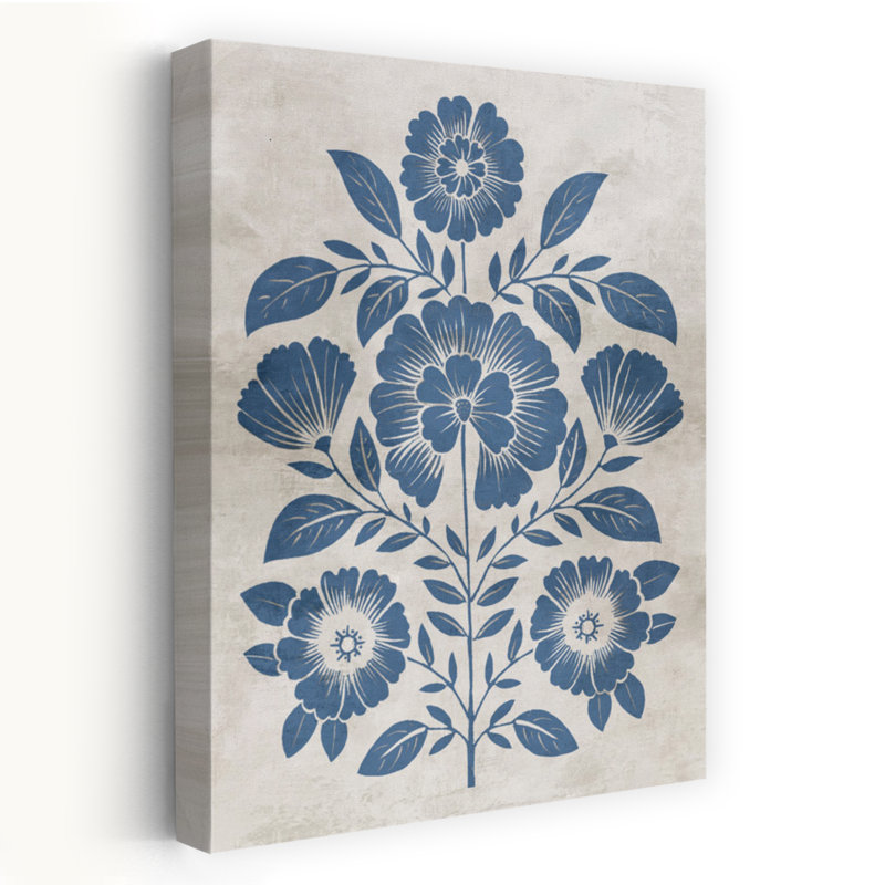 «Blue Floral Harmony», art mural contemporain abstrait, H 24 po x l 16 po, Bleu / blanc