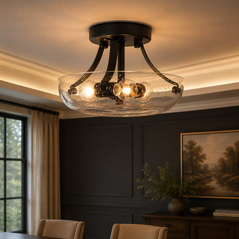 3-Light Glass Semi-Flush Mounted Ceiling Light for Foyer Hallway Stairwell Kitchen