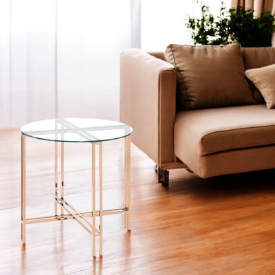 Élégante table de bout ronde en champagne avec verre transparent - Centre de table décoratif