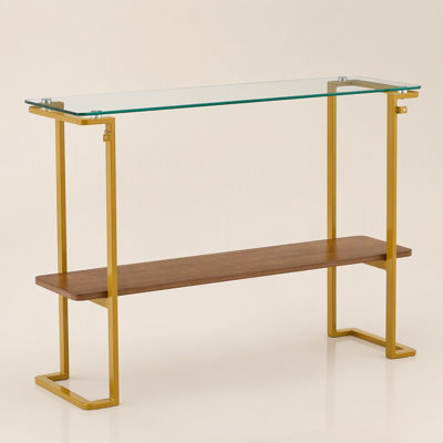 Console à deux niveaux, style moderne du milieu du siècle, avec plateau en verre transparent.