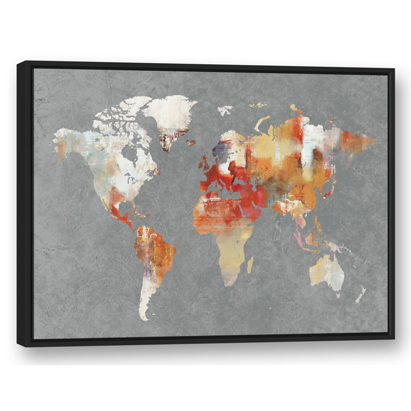 « world map », reproduction de peinture à l’aquarelle sur toile horizontale, H 31,75 po x l 41,75 po x P 1,75 po, Cadre noir