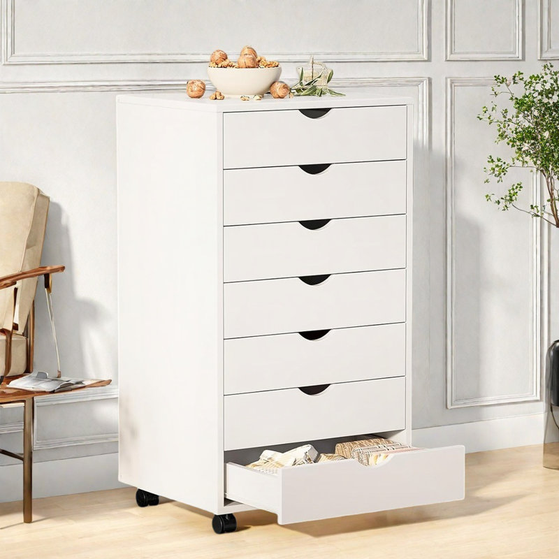 Petite commode en bois à 7 tiroirs avec armoires de rangement et roulettes, Blanc