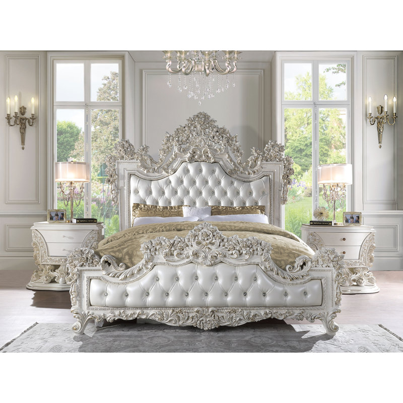Cuir synthétique blanc et lit EK au fini blanc antique
