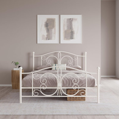 Lit plateforme en métal avec tête et pied de lit de style parisien, hauteur de base réglable pour le rangement sous le lit, aucun sommier nécessaire, lit double, blanc