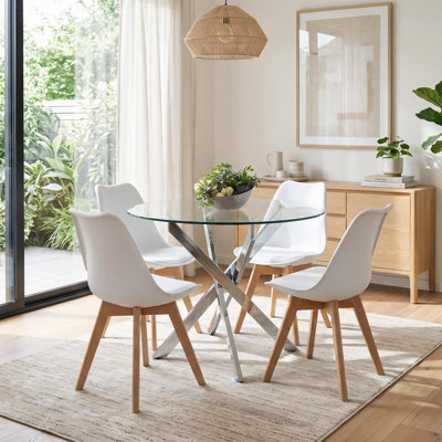 Round Glass Dining Table with Velvet Chairs - Dining Kitchen Room Furniture