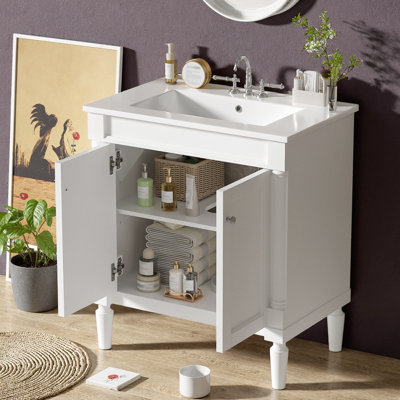 Meuble-lavabo de 30 po d'inspiration française | Portes à fermeture en douceur, pieds en bois massif, détails sculptés et boutons, lavabo en céramique avec robinet de 4 po