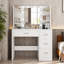 Dressing Table, Vanity Desk with Mirror and Lights, Vanity table with 4 Drawers, 4 Storage Shelves, 5 Jewelry Hooks for Bedroom, White